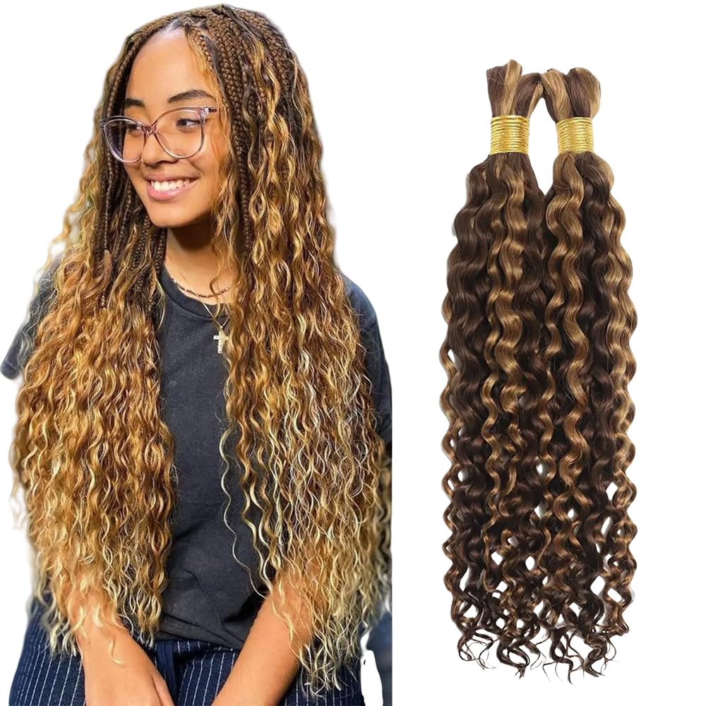 18inch Deep Wave Boho Braids Water Wave Bulk Braiding Hair Bundles For Bohemian Knotless Boho Braids Wet and Wave No Weft 180g (1 Pack—2 Bundles) Wavy Synthetic Hair Extensions (P4/27, 18inch)