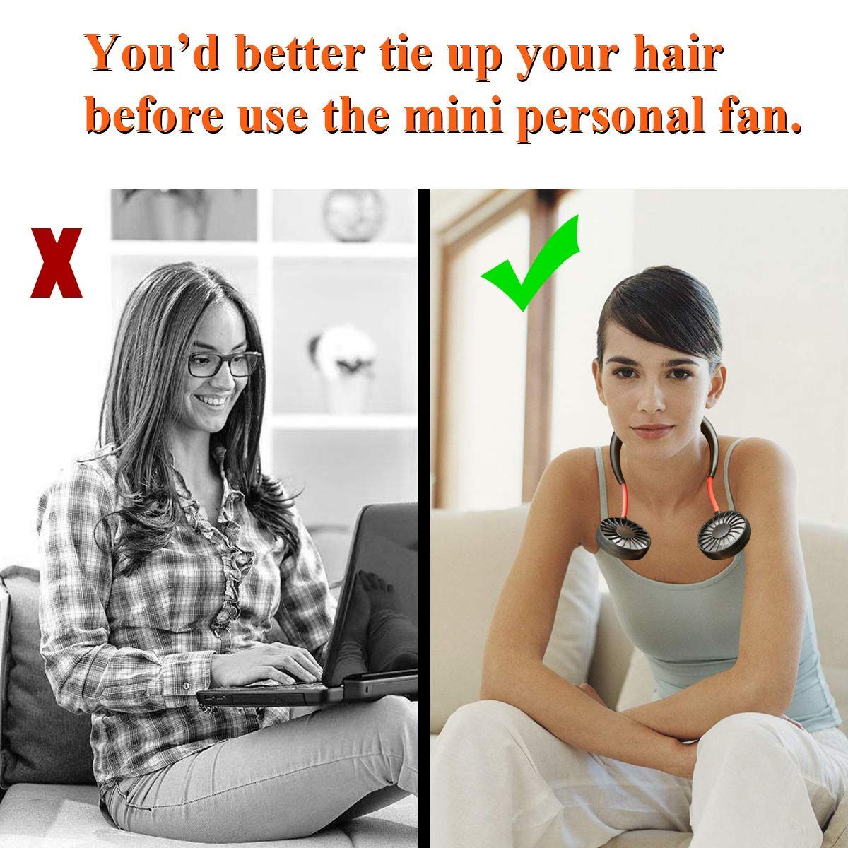 Hand Free Personal Fan - Portable USB Battery Rechargeable Mini Fan - Headphone Design Wearable Neckband Fan Necklance Fan Cooler Fan with Dual Wind Head for Traveling Outdoor Office Room (Black)