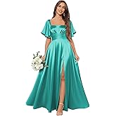 RATALA Women's Satin Bridesmaid Dresses with Short Sleeves Ruffles Pleated Evening Gown Formal Dress with Slit