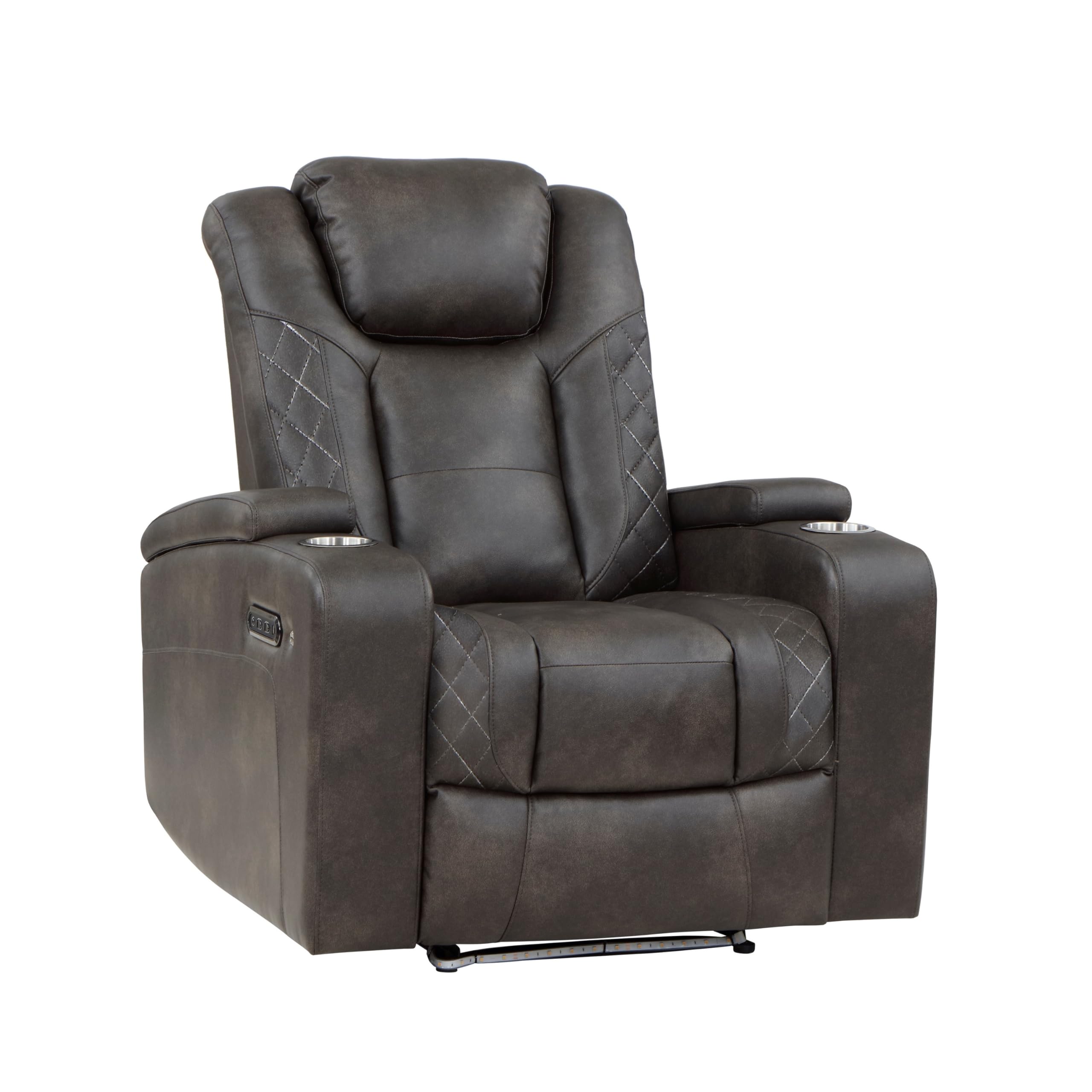 Photo 1 of **factory sealed ***Benjara Mia 40 Inch Power Recliner Chair, Faux Leather, LED, USB, Cupholders, Brown Gray