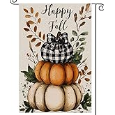 Happy Fall Garden Flag Pumpkin Welcome Small Flags for Outside, 12x18 Inch Buffalo Plaid Double Sided Burlap Autumn Harvest Outdoor Yard Decoration