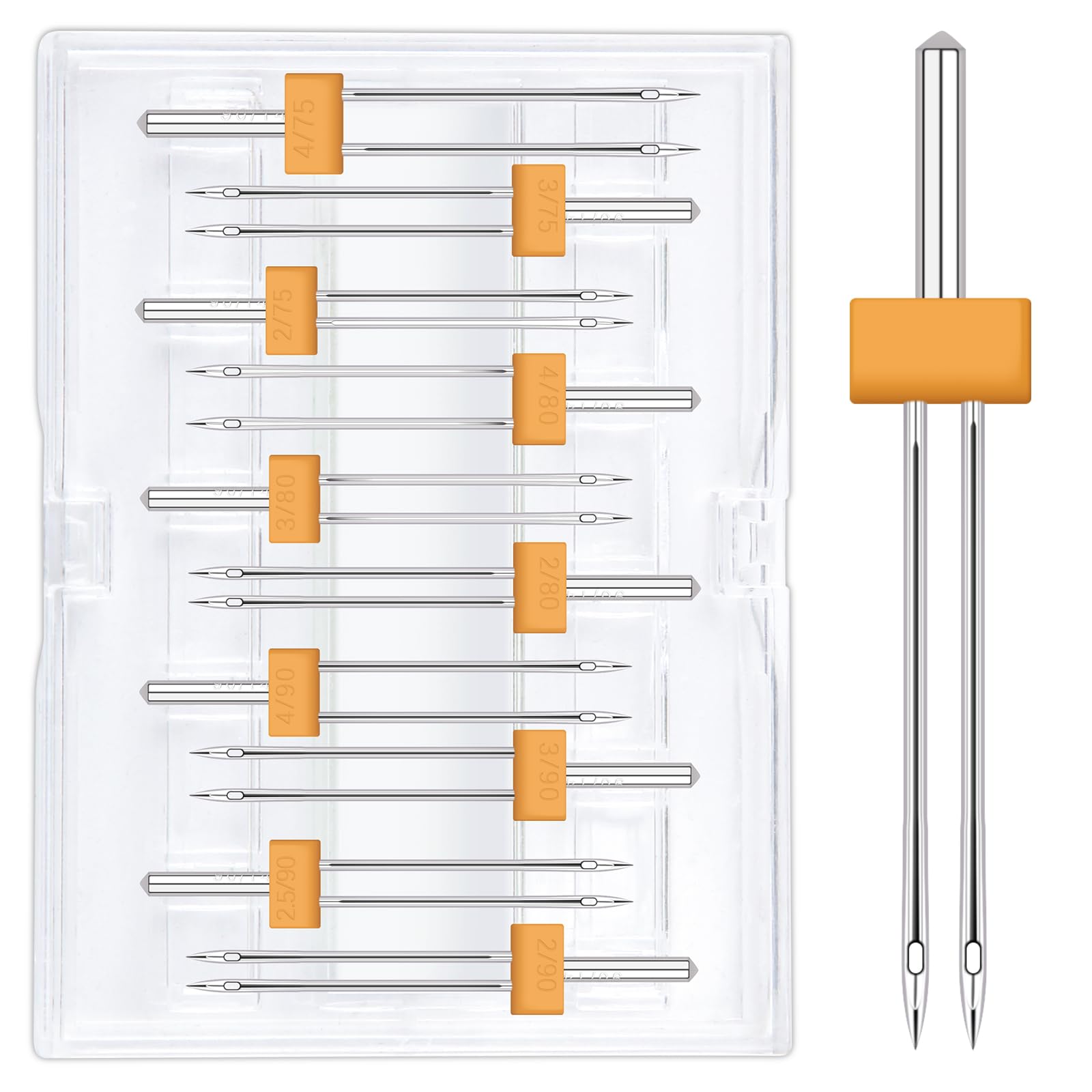 Wamkon 10 pieces twin needles, 2.0/90, 2.5/90, 3.0/90, 4.0/90, 2.0/80, 3.0/80, 4.0/80, 2.0/75, 3.0/75, 4.0/75 twin stretch needles, universal sewing machine needles set for household Sewing machine