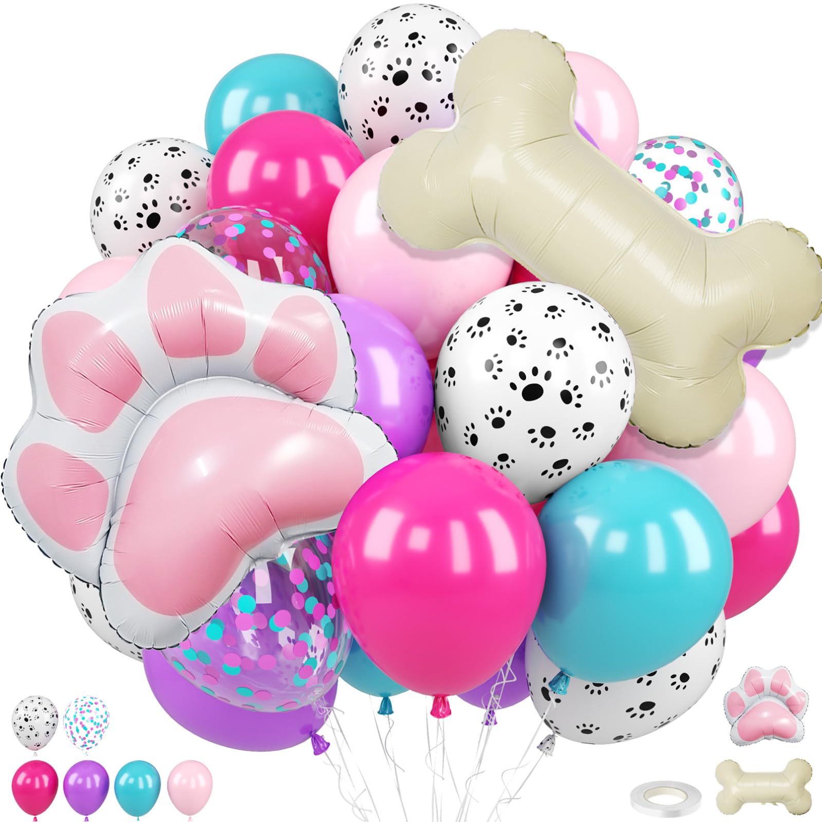 Paw Print Balloons, Pink Teal Purple Hot Pink Paw Print Balloons with Dog Bone and Paw Foil Balloon for Girls Puppy Themed Birthday Baby Shower Party Decorations
