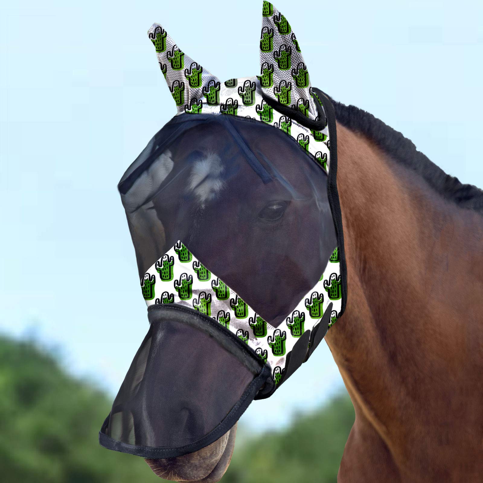 Harrison Howard LumiVista Horse Fly Mask Long Nose with Ears UV Protection for Horse-Green Cactus Full Size