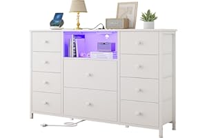 LDTTCUK Dresser with Charging Station and LED Lights, Long Dresser for Bedroom Dresser TV Stand with 10 Drawers, Fabric Chest of Drawers with PU Finish, Wide Dresser Storage Organizer, White