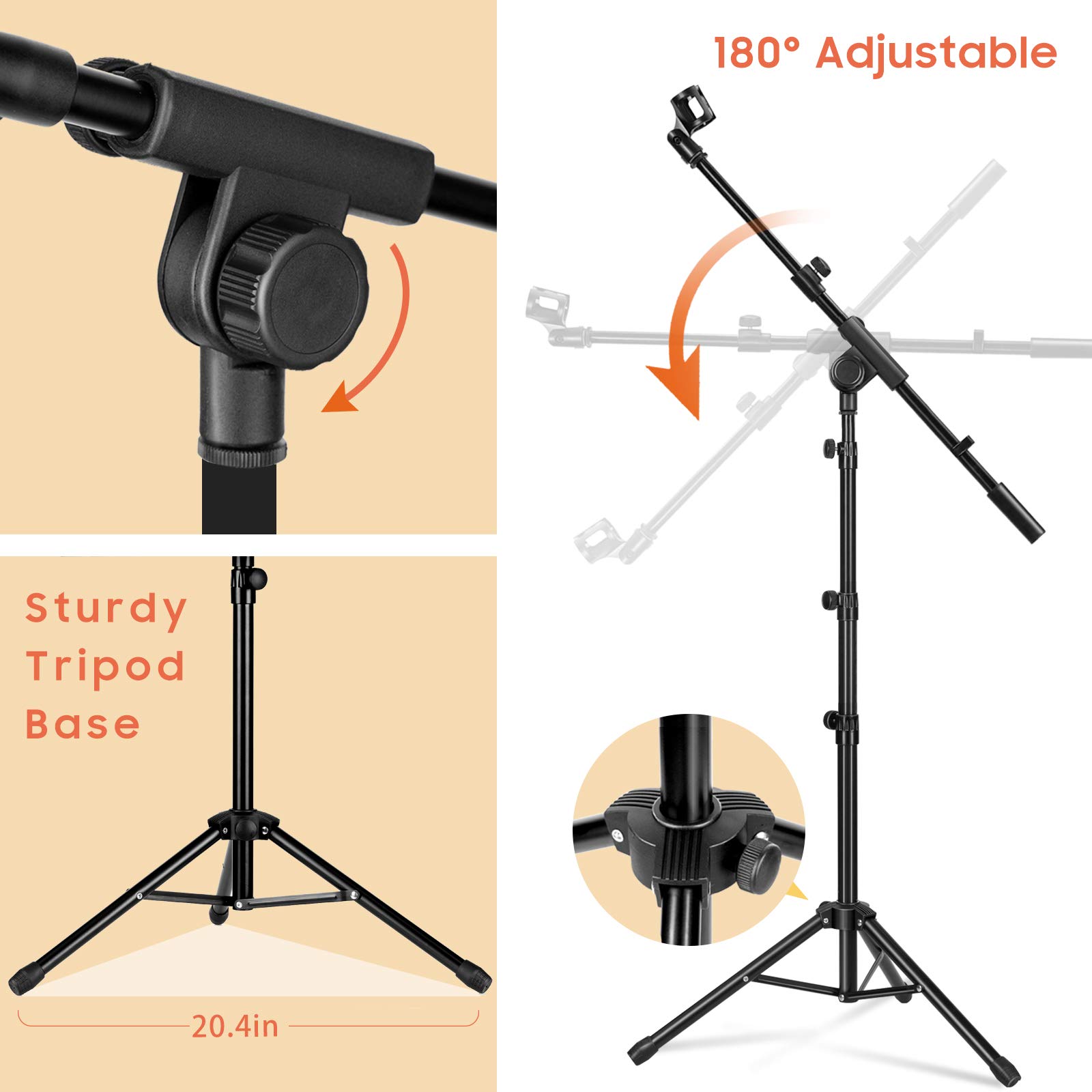 CAHAYA Tripod Microphone Stand Boom Arm Floor Mic Stand with Carrying Bag and 2 Mic Clips for Singing Performance Wedding Stage and Mic Mount CY0239