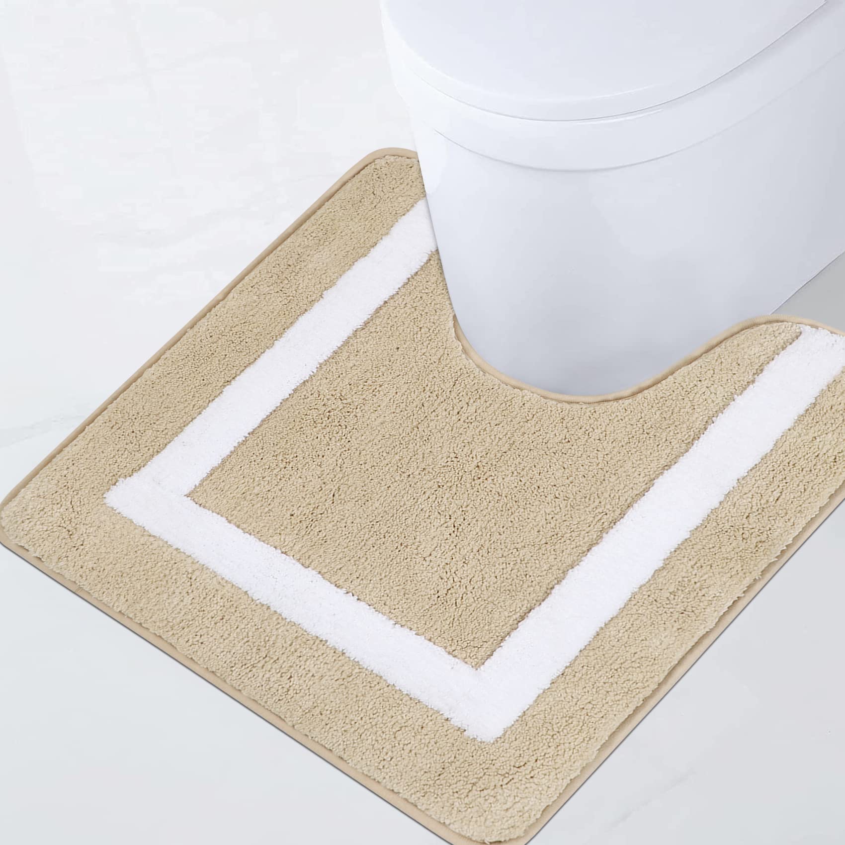 Famibay Absorbent Toilet Mat U Shape Pedestal Mat for Toilet Non Slip Machine Washable Microfiber Bathroom Floor rug for Toilet Bathroom(Beige, 50 x 50 cm)