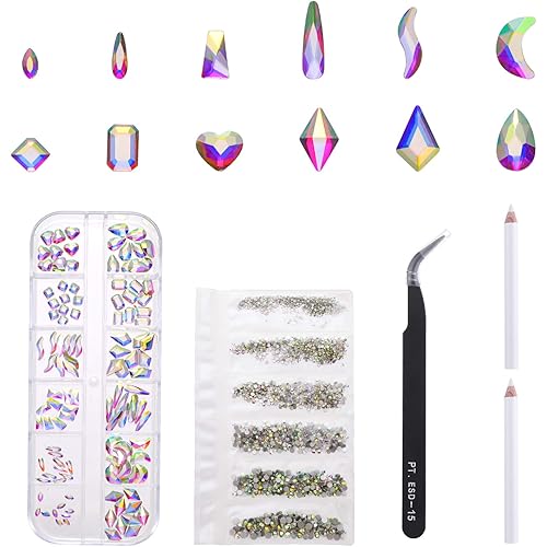 Legenstar AB Crystal Rhinestones For Nails Crafts Set,1920 Pcs Round and 120 Pcs Multishape Gems Nail Art Flatback Rhinestones for Makeup Face and Nail Jewelry,with Tweezer and Picking Pen