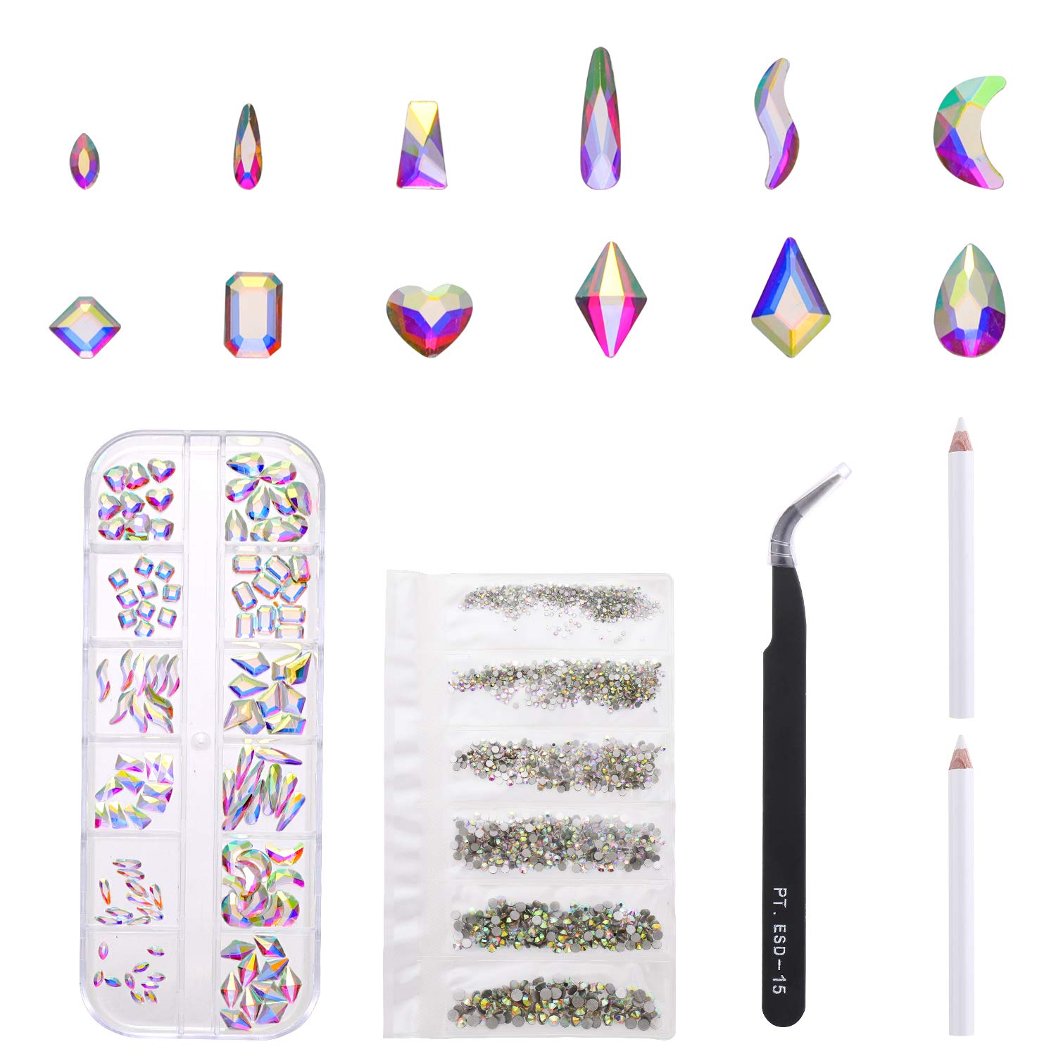 Legenstar AB Crystal Rhinestones For Nails Crafts Set,1920 Pcs Round and 120 Pcs Multishape Gems Nail Art Flatback Rhinestones for Makeup Face and Nail Jewelry,with Tweezer and Picking Pen