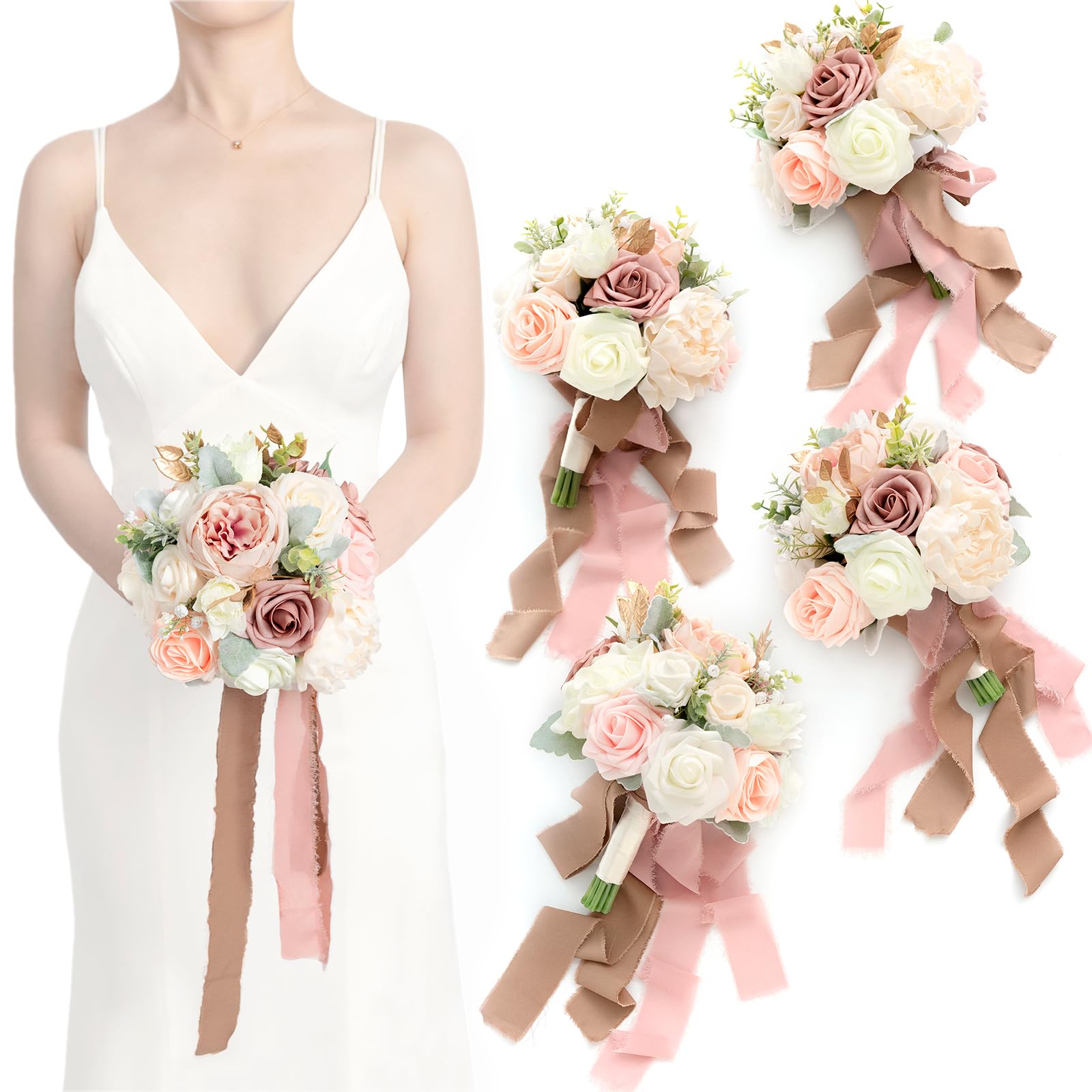 Photo 1 of Ling's Moment Artificial Flowers Pink Bridesmaid Bouquet Set of 4, Dusty Rose Wedding Flowers Bouquets for Bridesmaids, 7 Inch Bridal Bouquets for Bridesmaids, Wedding, Ceremony, Anniversary, etc