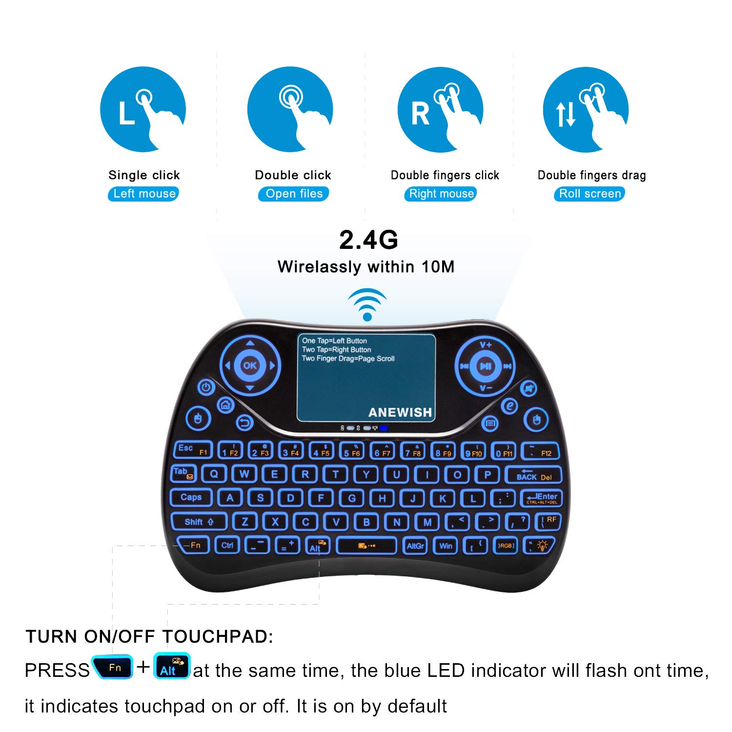 ANEWISH 2.4GHz Wireless Mini Keyboard LED Backlit RGB 7 Color with Touchpad Mouse Combo, Rechargable Compatible with PC,HTPC,Tablet,Smart TV,Projector,Android TV Box
