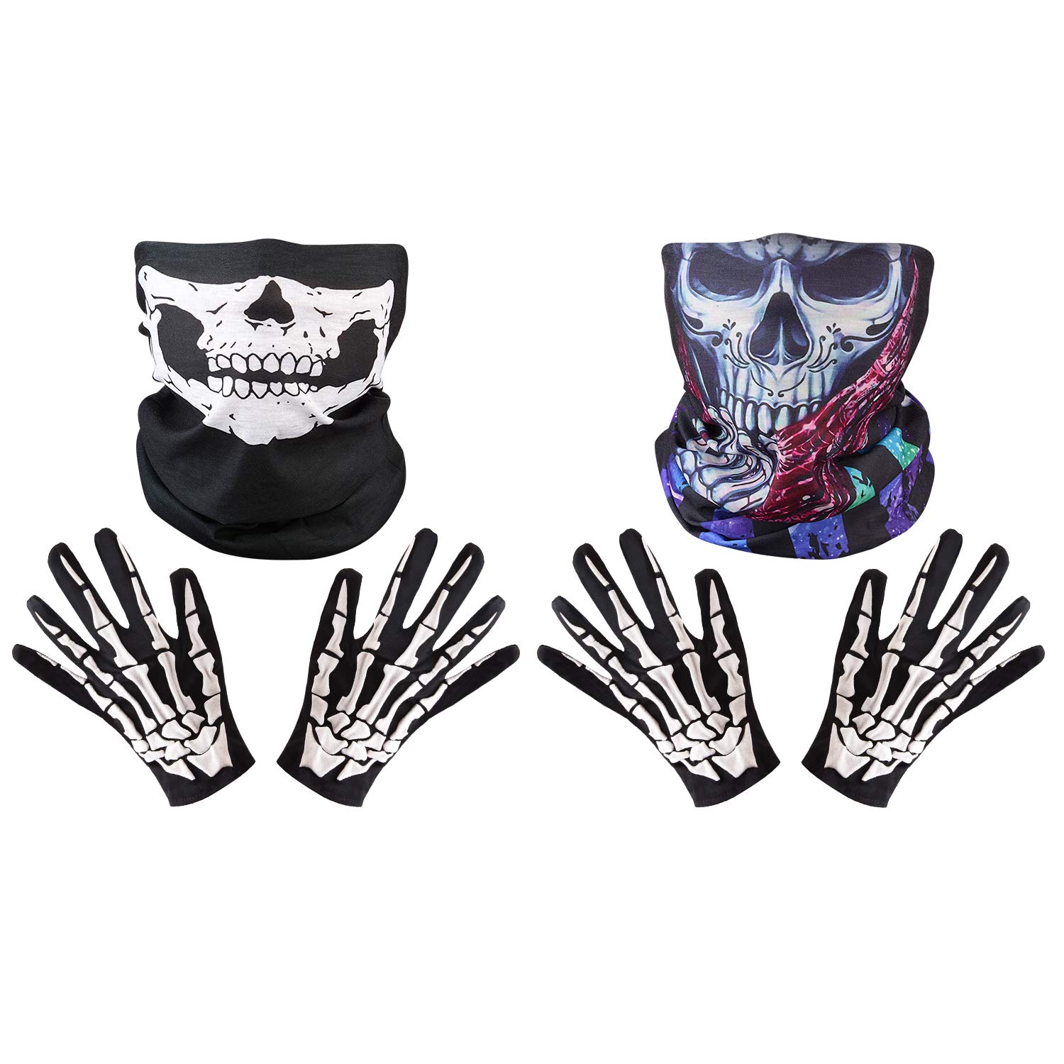 ZOYLINK 2 Set Weiß Schädel Gesichtsmaske und Skelett HandschuheGeist Multifunktionstuch Motorradmaske Sturmmaske Schwarz für Halloween Fasching Karneval Party Kostüm