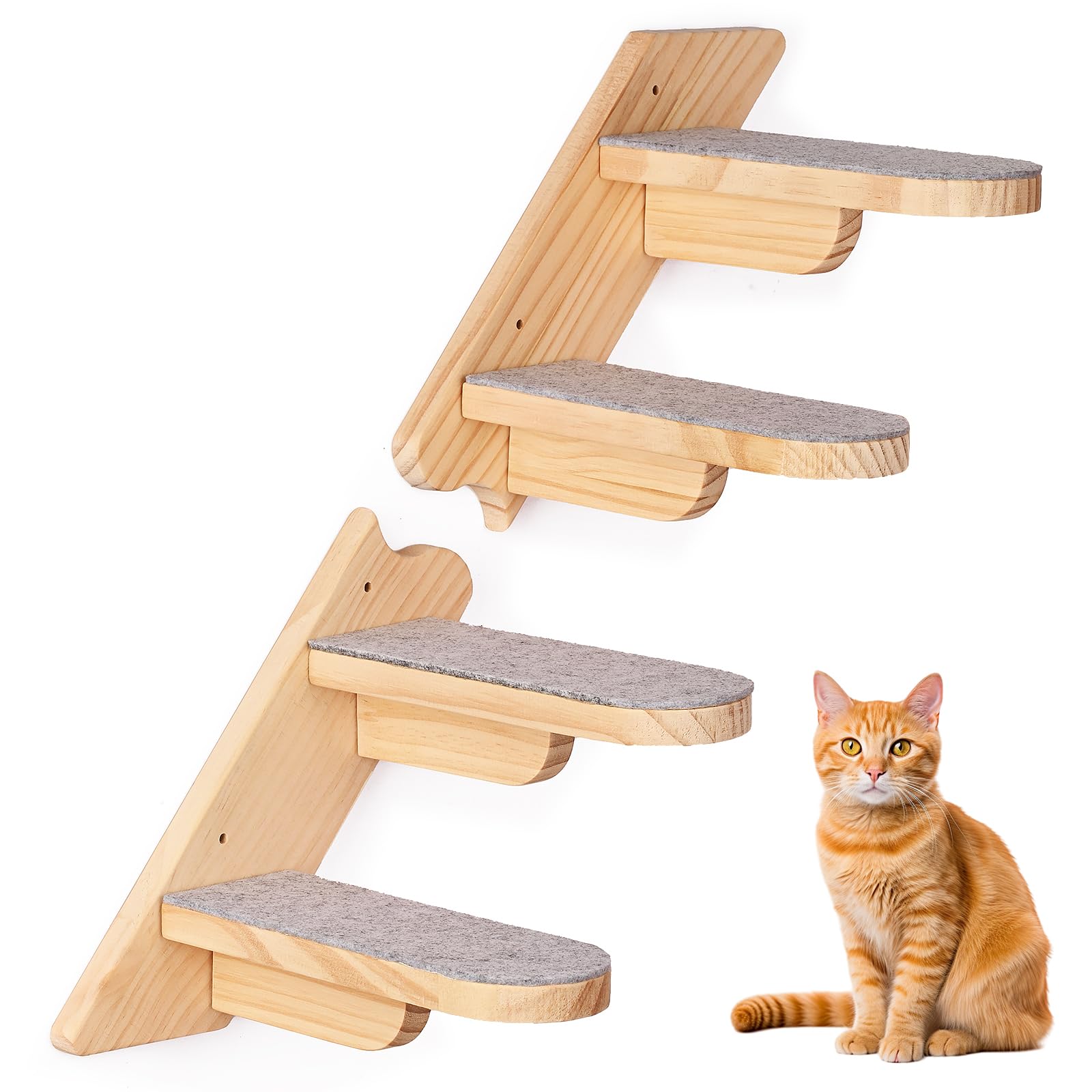 Wall Mounted Cat Shelf - Wooden Four Step Stairway with Plush Cover for Climbing, Sleeping and Playing