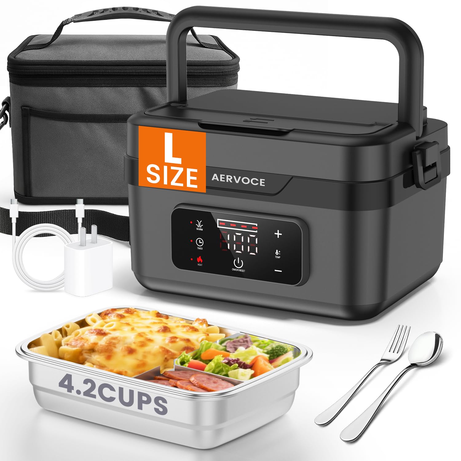 Photo 1 of AERVOCE Electric Lunch Box for Adults - 8000mAh Cordless Heated Lunch Box for Men and Women.1L Portable Food Warmer for Car, Office or Outdoor Jobsites (black)