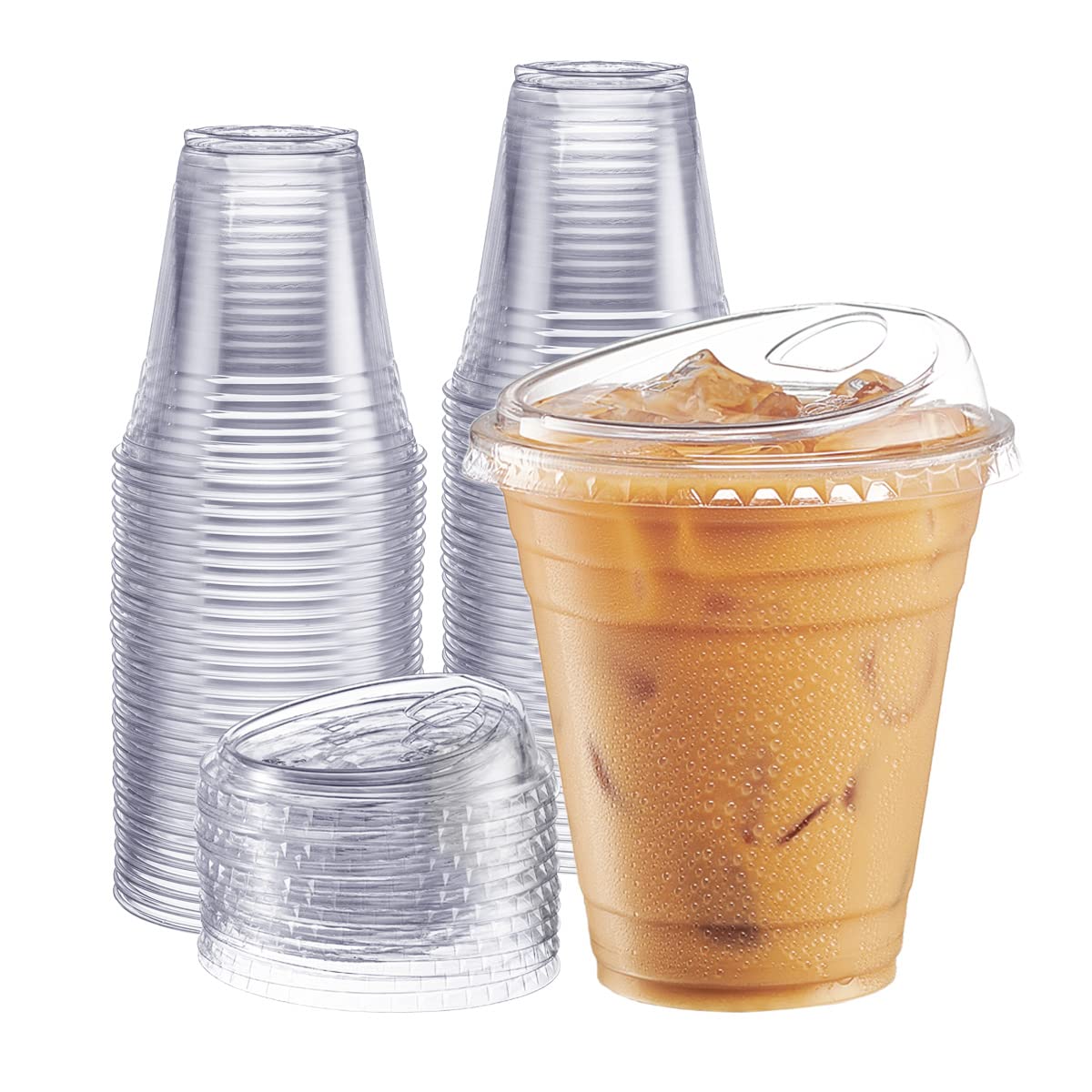 Comfy Package [12 oz. - 100 Count Crystal Clear Plastic Cups With Strawless Sip-Lids, Disposable Iced Coffee Cups with Lids - Ideal for Cold Beverages, and To-Go Drinks