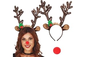 eyigylyo Reindeer Antlers Headbands with Red Nose, Christmas Sequin Reindeer Headbands with Bells Antler Xmas Party Headwear Accessories for Women Girls Kids