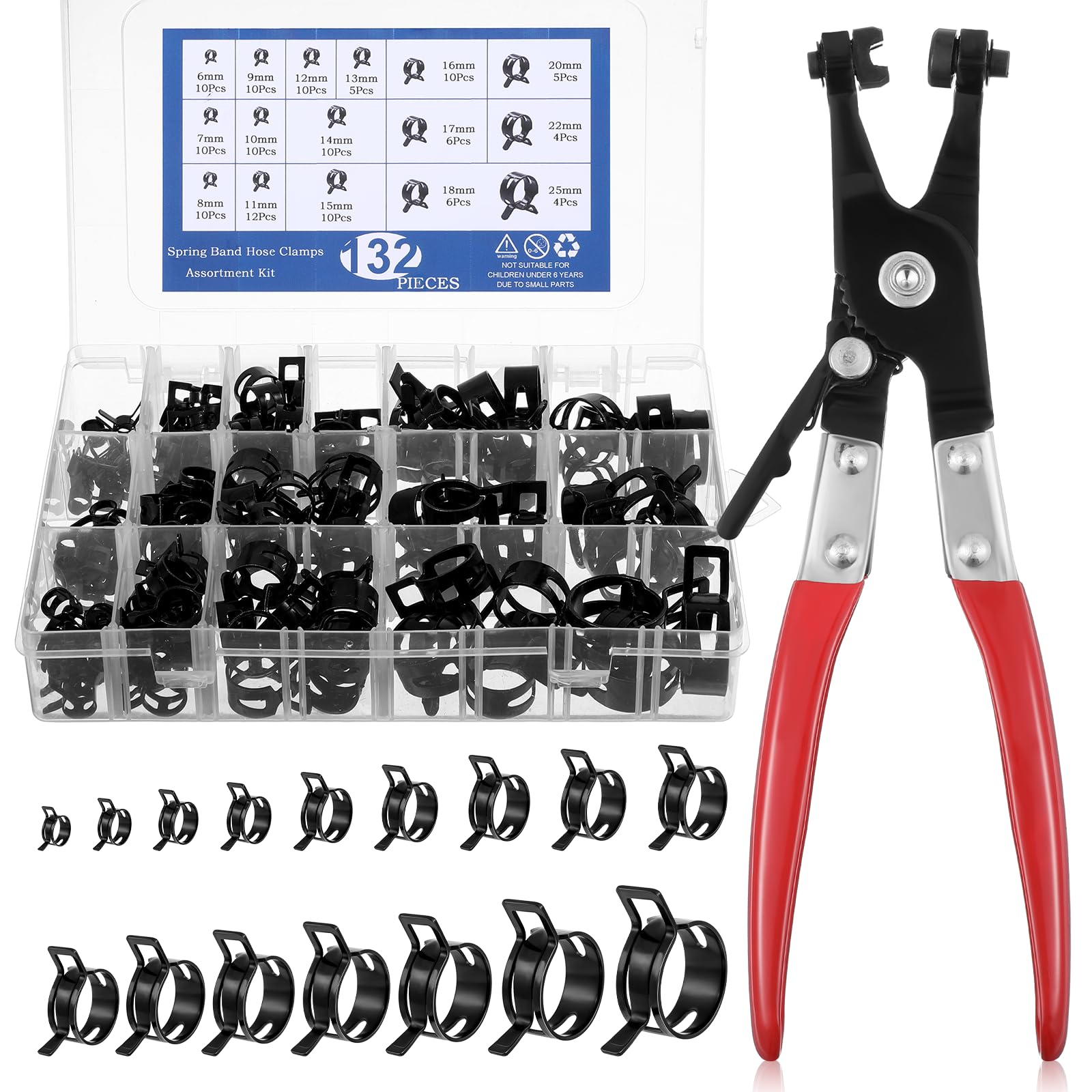 Photo 1 of 132Pcs Flat Spring Hose Clamps, Spring Band Hose Clamp Assortment Kit with Swivel Clamp Pliers for Fuel Line, Silicone, Vacuum Hoses Low-Pressure Air Clips(Black)
