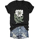 MQSVPUT Women's T-Shirts V-Neck Boho Flowers Wildflowers Tee Cute Summer Graphic Shirts Short Sleeve T Shirt