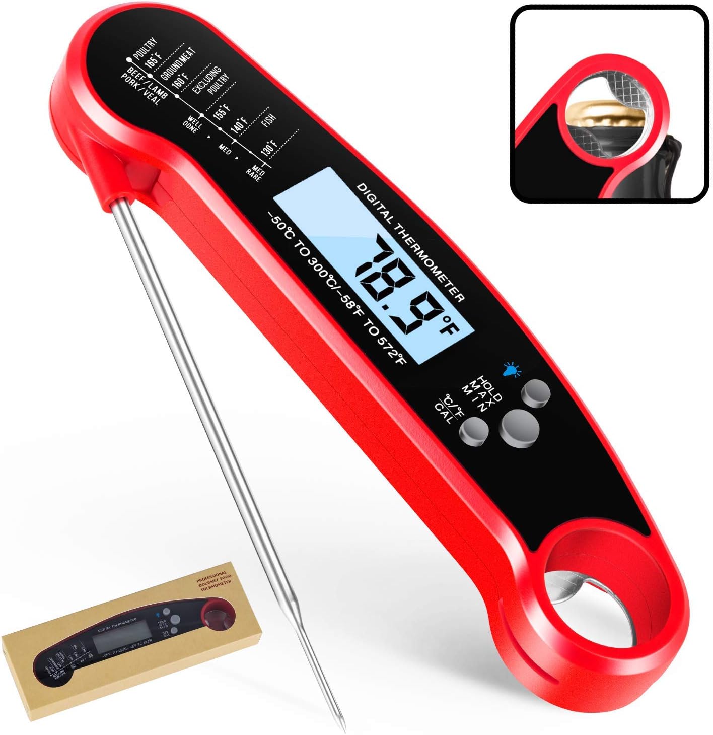 Instant Palytte Read Meat Thermometer - Best Waterproof Ultra Fast Thermometer with Backlight & Calibration. Kizen Digital Food Thermometer for Kitchen, Outdoor Cooking, BBQ, and Grill! (Red)