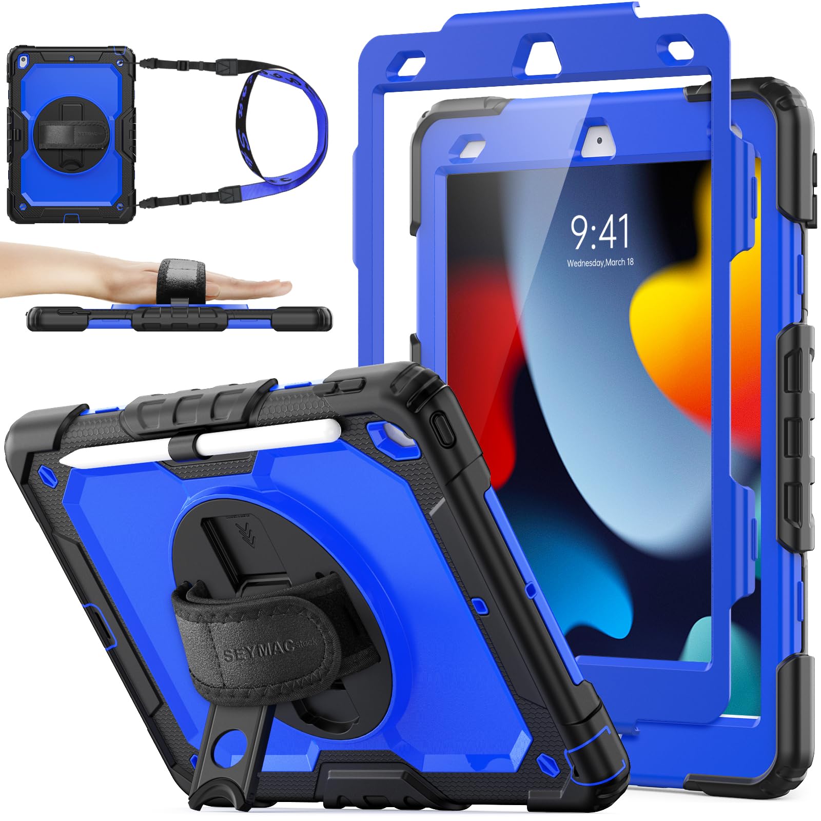 SEYMAC stock Case for iPad 9th/8th/7th Generation (10.2 Inch) 2021/2020/2019, Heavy Duty Shockproof with Screen Protector, 360° Rotating Stand/Hand Strap, Pencil Holder & Shoulder Strap, Blue