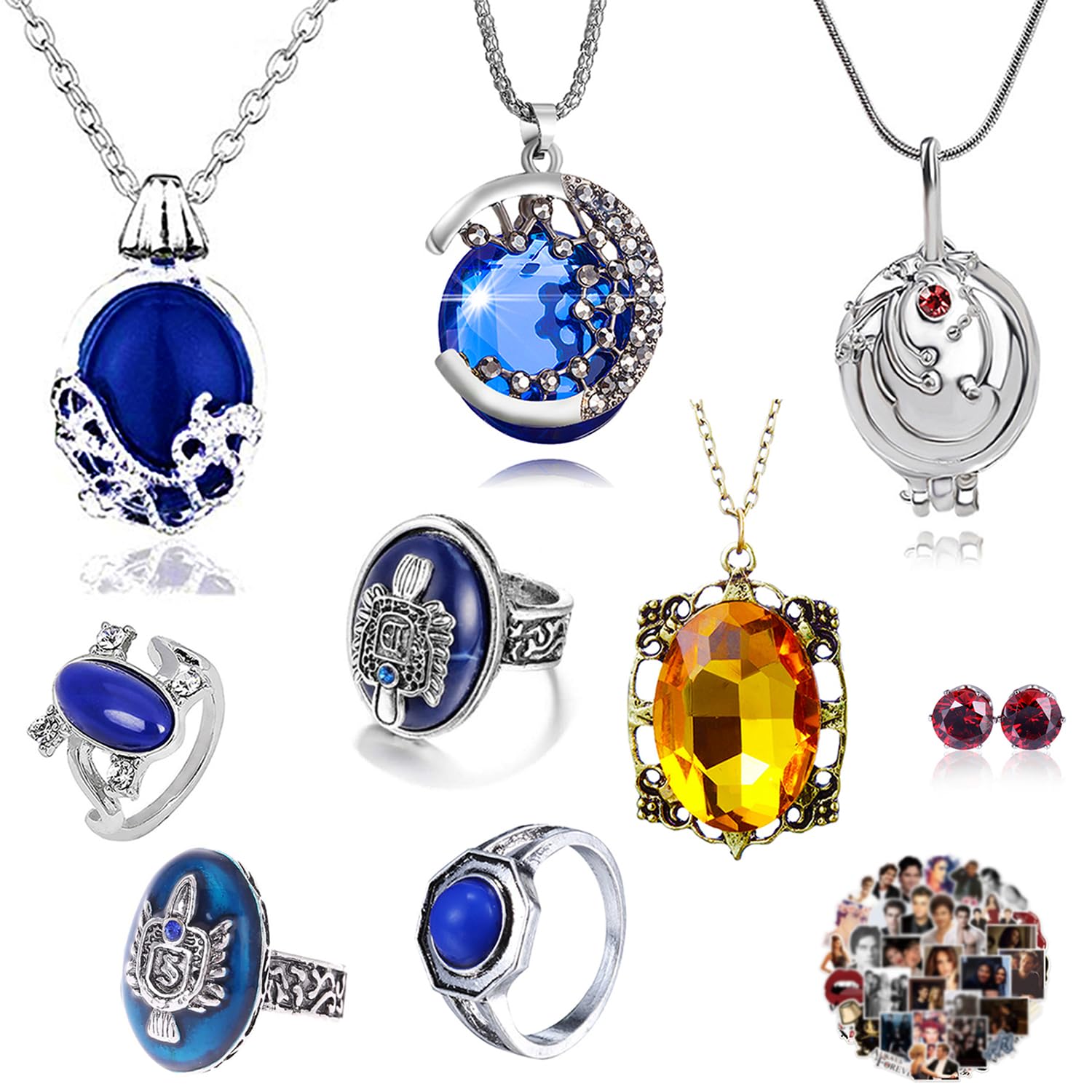 YouU The Vampire Jewelry Set Elena Diar.s Opening Vervain Locket Pendant Necklace Daywalking Katherine Sapphire Crystal Ring Red Diamond Stud Earring with Stickers 29 pcs