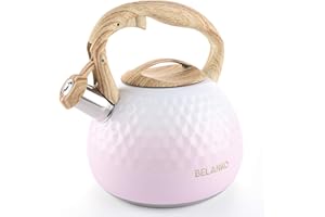 Tea Kettle, 2.7 Quart / 3 Liter BELANKO Stainless Steel Tea Kettles for Stove Top, Food Grade Teapot with Wood Pattern Handle Loud Whistling for Coffee, Milk, Gas Electric Applicable - Gradient Pink