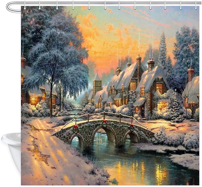 CICIDI Cortina de ducha de campo, paisaje invernal de pueblo occidental