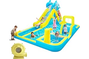 ROLONAL Inflatable Water Slide, Dolphin Styling Giant Bouncy Waterslide Park, with Extra Long Slide,Climbing Wall,Deep Pool,Water Cannon, 550W Blower for Indoor Outdoor Backyard Kids Party