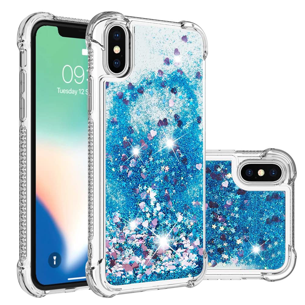 IMEIKONST Compatible with iPhone XR Glitter Case, Liquid Sparkle Quicksand Clear Transparent Sequin Girls Slim TPU Bumper Silicone Shockproof Cover for iPhone XR. Love Blue YBW