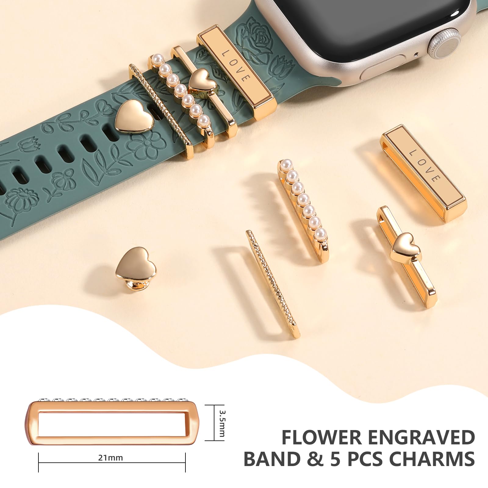 DaQin Flower Engraved Band Compatible with Apple Watch Bands for Women 40mm 38mm 41mm 42mm, Soft Silicone Band With Decorative Apple Watch Charms for iWatch Series 10 9 8 7 6 5 4 3 2 1 SE