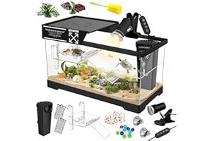 GOZILLA Aquatic Turtle Tank Kit+Lamp+Filter, Upgrade PC Turtle Tank Starter Kit with Adjustable Lamp & Filter,Reptile Habitat with Lid,Hanging Platform for Small Reptiles.(15.75×7.9×9''/Black Kit)