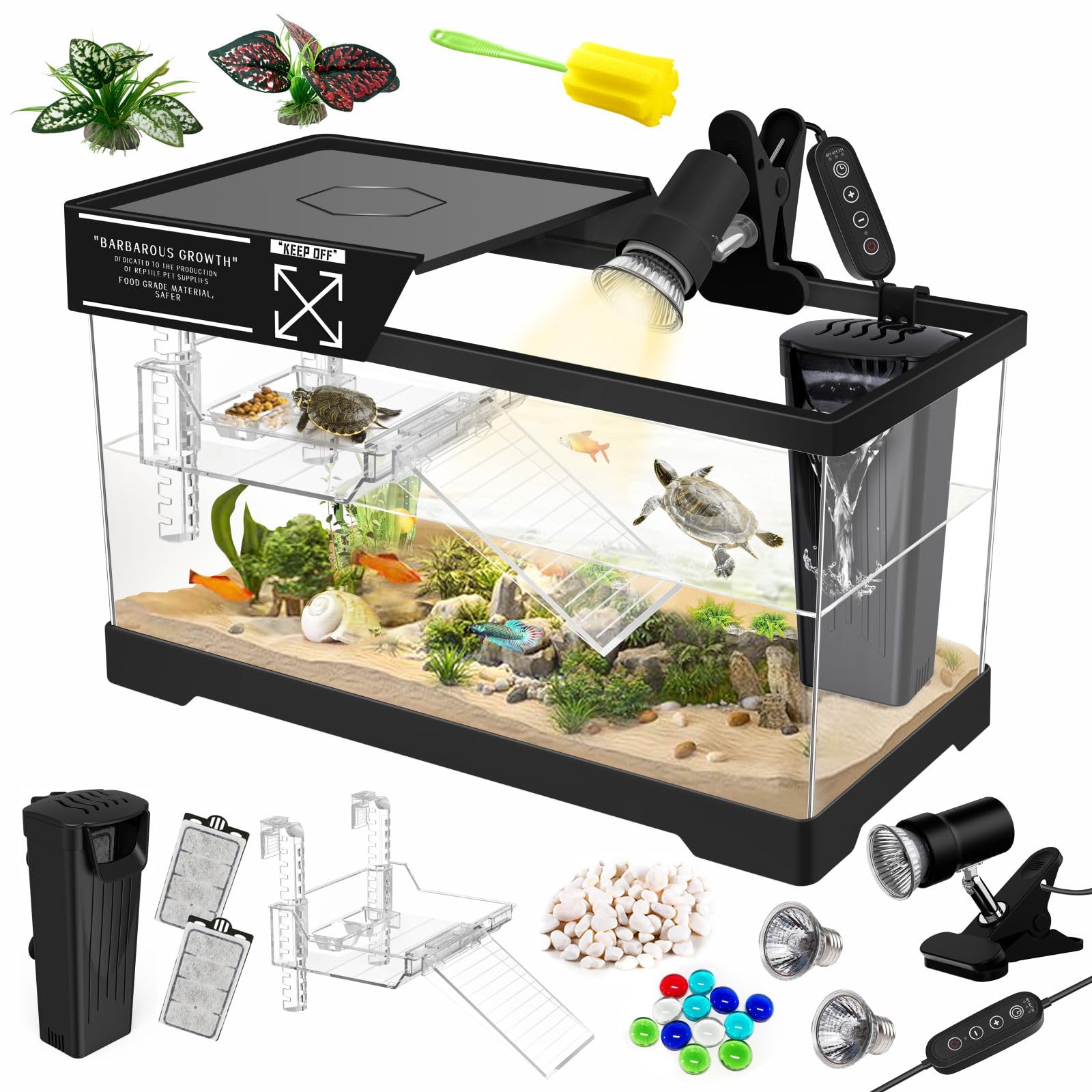 Photo 1 of ***MISSING PIECES*** GOZILLA Aquatic Turtle Tank Kit+Lamp+Filter, Upgrade PC Turtle Tank Starter Kit with Adjustable Lamp & Filter,Reptile Habitat with Lid,Hanging Platform for Small Reptiles.(15.75×7.9×9''/Black Kit)