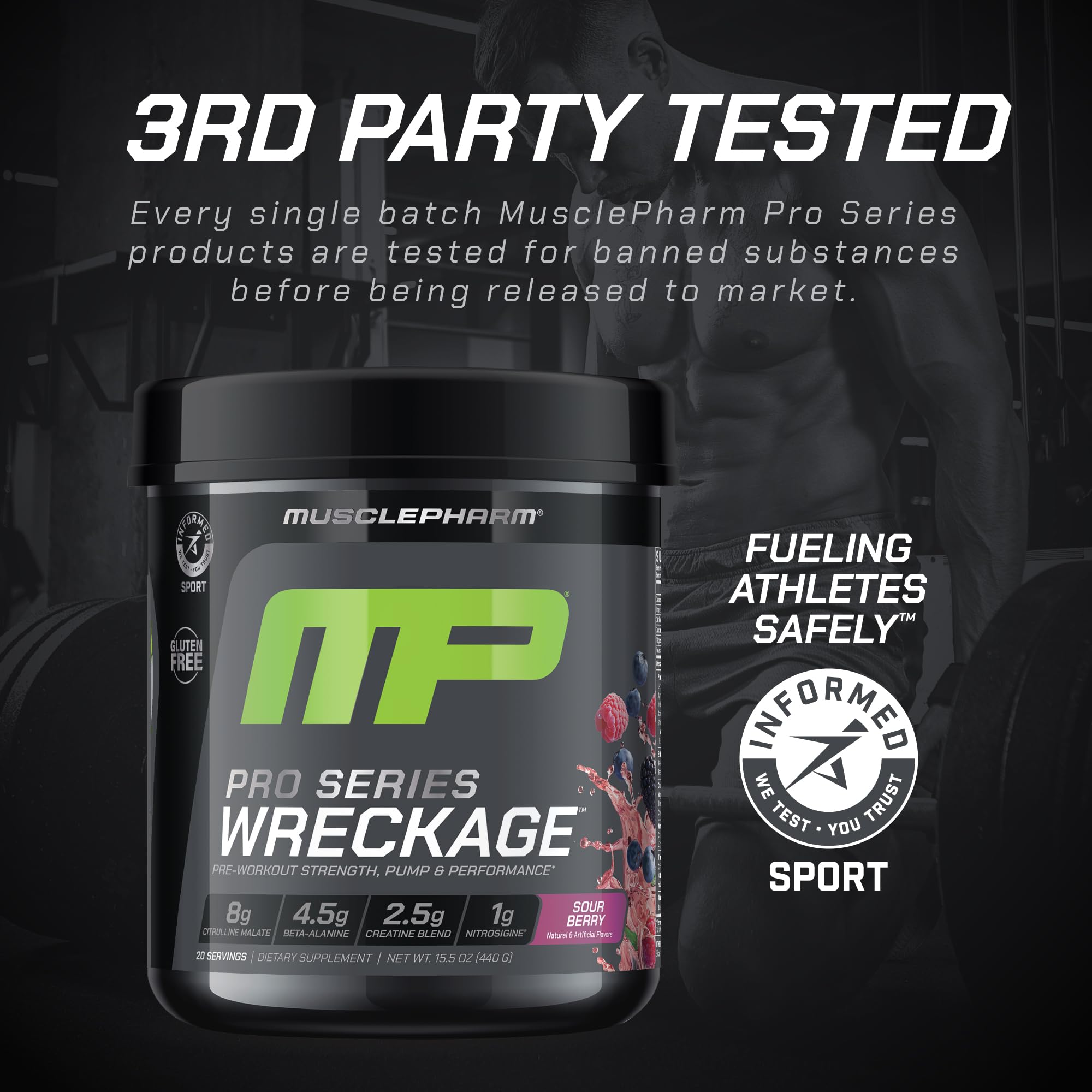 Muscle Pharm Pro Series Wreckage Pre Workout Powder | Professional Grade 8-in-1 Blend for Strength, Pump, Focus & Nitric Oxide Performance | Sour Berry, 15.5 oz, 20 Servings