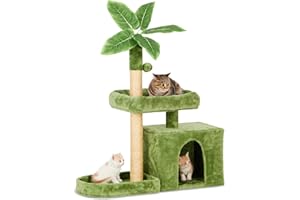 TSCOMON 31.5" Cat Tree Tower for Indoor Cats with Green Leaves, Cat Condo Cozy Plush with Hang Ball and Leaf Shape Design, Cat Furniture Pet House with Scratching Posts, Green