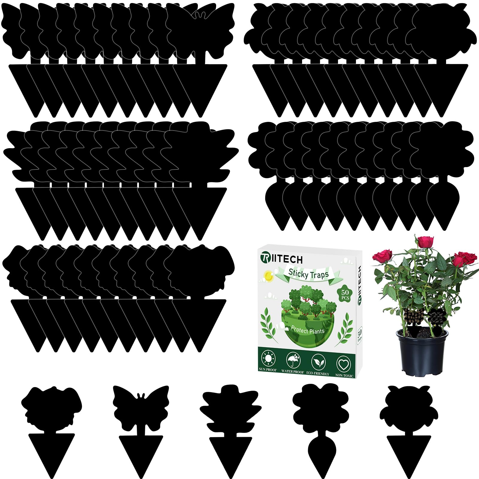 Fruit Fly Traps, TRIITECH 50 Pack Sticky Fly Traps, Plant Fly Stickers, Sticky Bug Traps for Indoor and Outdoor(Black)
