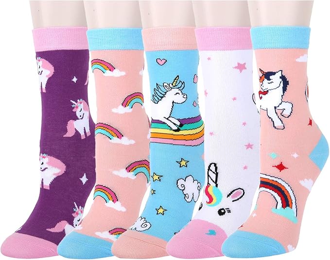 5 Pack Girls Colorful Fun Novelty Rainbow Unicorn Cotton Crew Socks