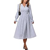 CUPSHE Women's Fall Dresses Striped V Neck Long Sleeve Elastic Somked Swing Maxi Dress