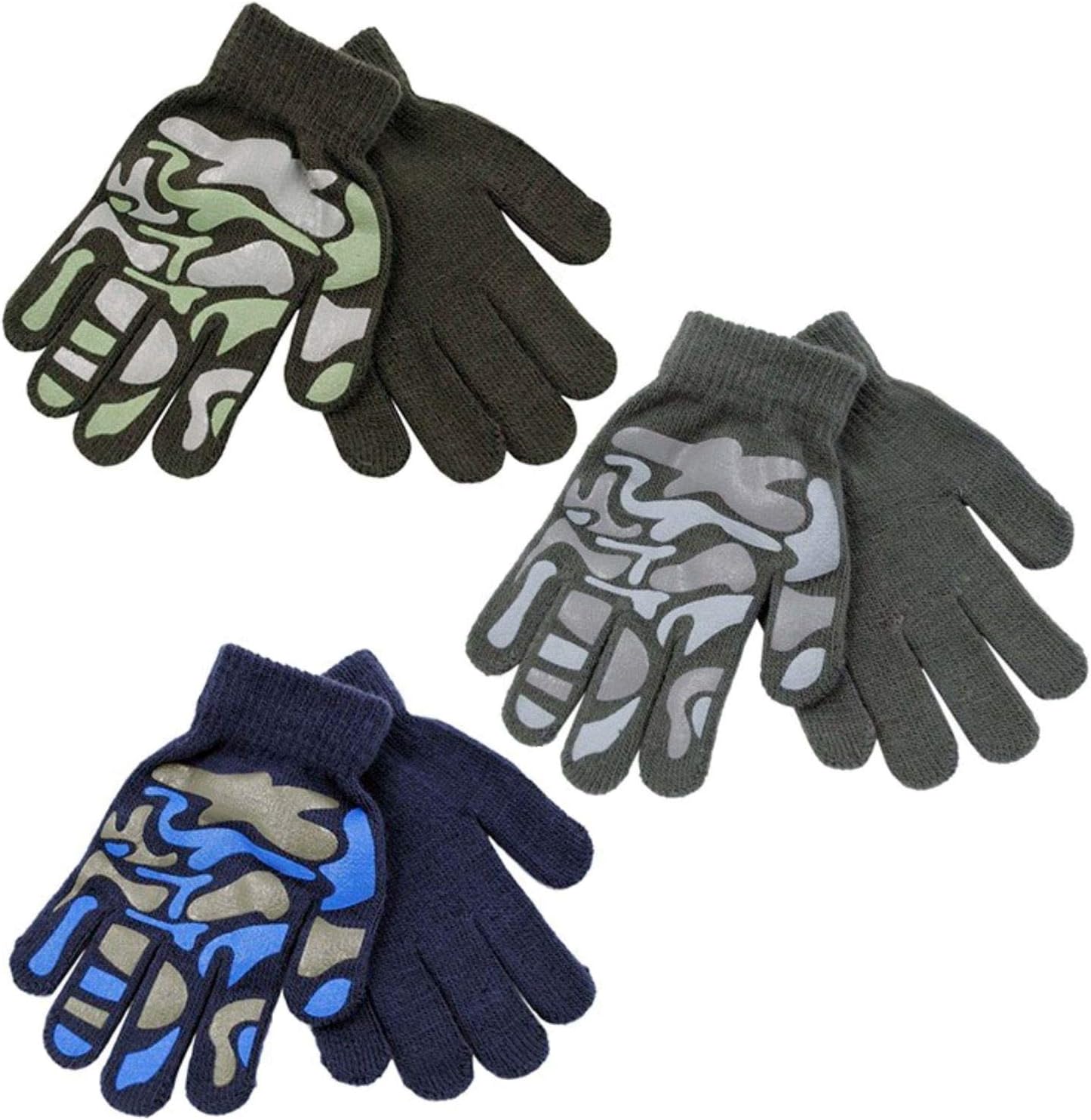 3 Pairs Boys Girls Magic Gripper Gloves With Camouflage Grips Palm Fingertips Stretchy Green Blue Grey One Size