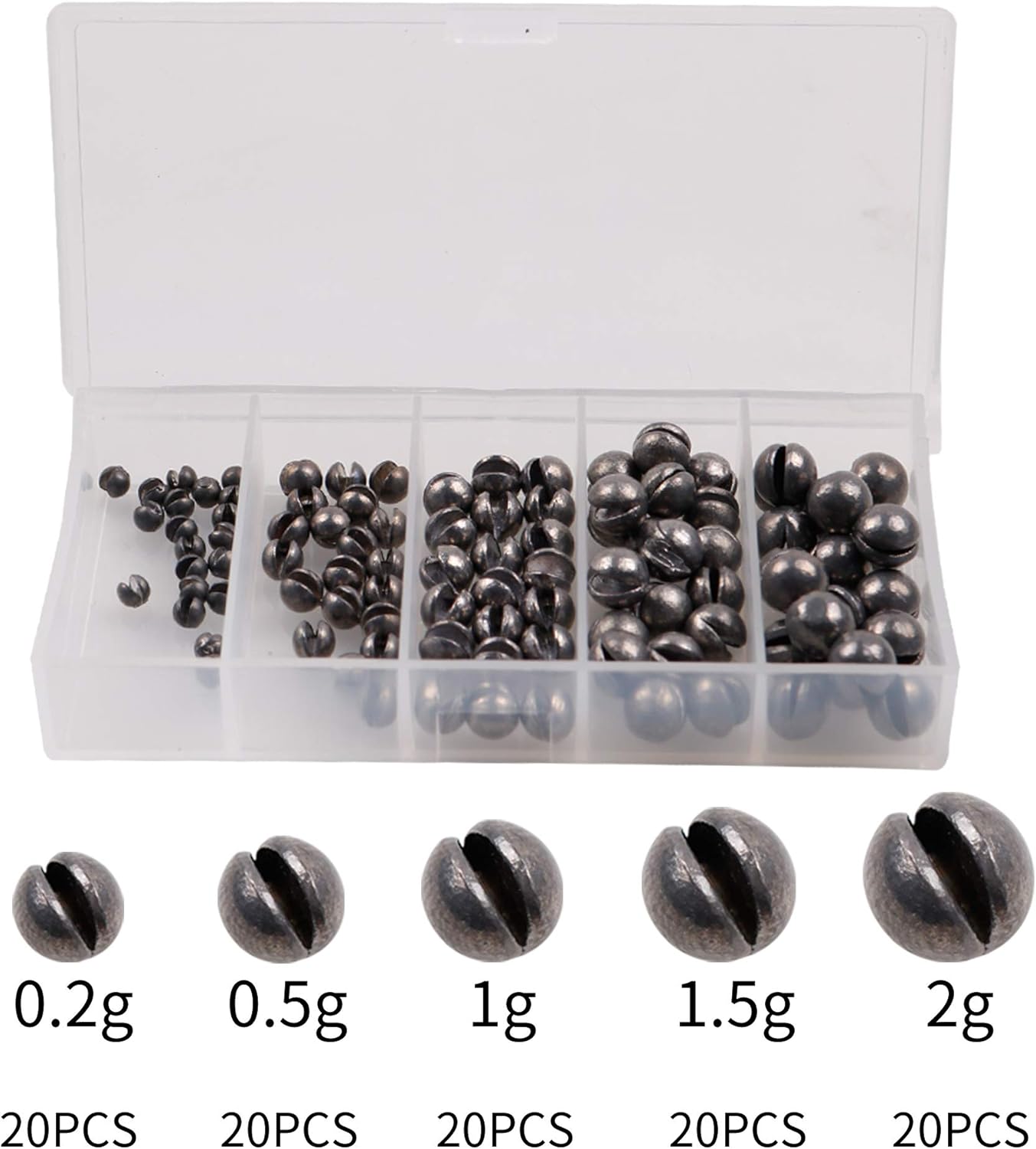 LUSHAZER Fishing Weights Sinkers Kit, 100pcs Round Split Shot Sinker, Fishing Weights Egg Sinkers 5 Sizes, 7/1000 oz, 17/1000 oz, 7/200 oz, 1/20 oz, 7/100 oz, Plastic Box Pack 3.8 x 1.9 x 0.7 inch : Sports & Outdoors