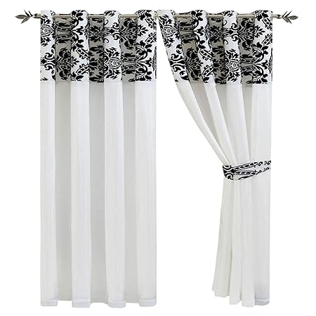 Silky Kelly Whitish Black Half Damask Floral Flock With Plain