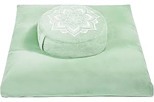 HUNNIDSPACE Meditation Zafu Cushion Set with Buckwheat Hulls & Memory Foam - Ergonomic Support for Yoga & Sitting - Removable Machine-Washable Luxury Velvet Cover - for Adults and Kids (Sage Green)