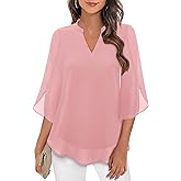 Bebonnie Womens Tops Dressy Casual Ruffle 3/4 Sleeve V Neck Double Layers Chiffon Blouses Tops