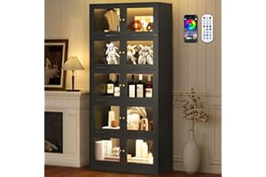 Lamtor 68" Display Cabinet with Glass Doors - 5-Tier Tall Curio Cabinet for Collectibles, Modern Glass Display Case with RGB LED Lights for Kitchen and Living Room, Black