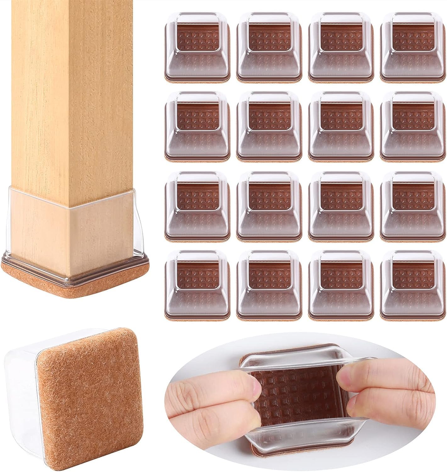 Furniture cups Chair Leg Floor Protectors, 32 Pcs Small Silicone Chair Leg Caps with Felt, 1.25" Silicon Chair Leg Protection Covers, Chair Feet Protectors No Scratches No Noise Clear Silicone Square
