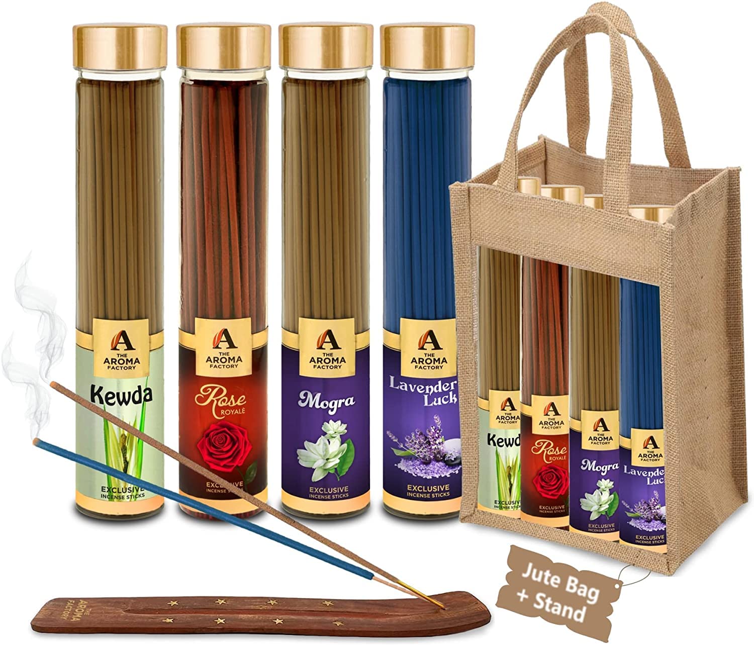 The Aroma Factory Organic Incense Sticks Natural Aromatic Fragrances | Charcoal Free| Non Toxic | Hand Made Herbal Pooja Agarbatti, Combo of 4 x 100g Jute Gift Set (Fresh Flowers)