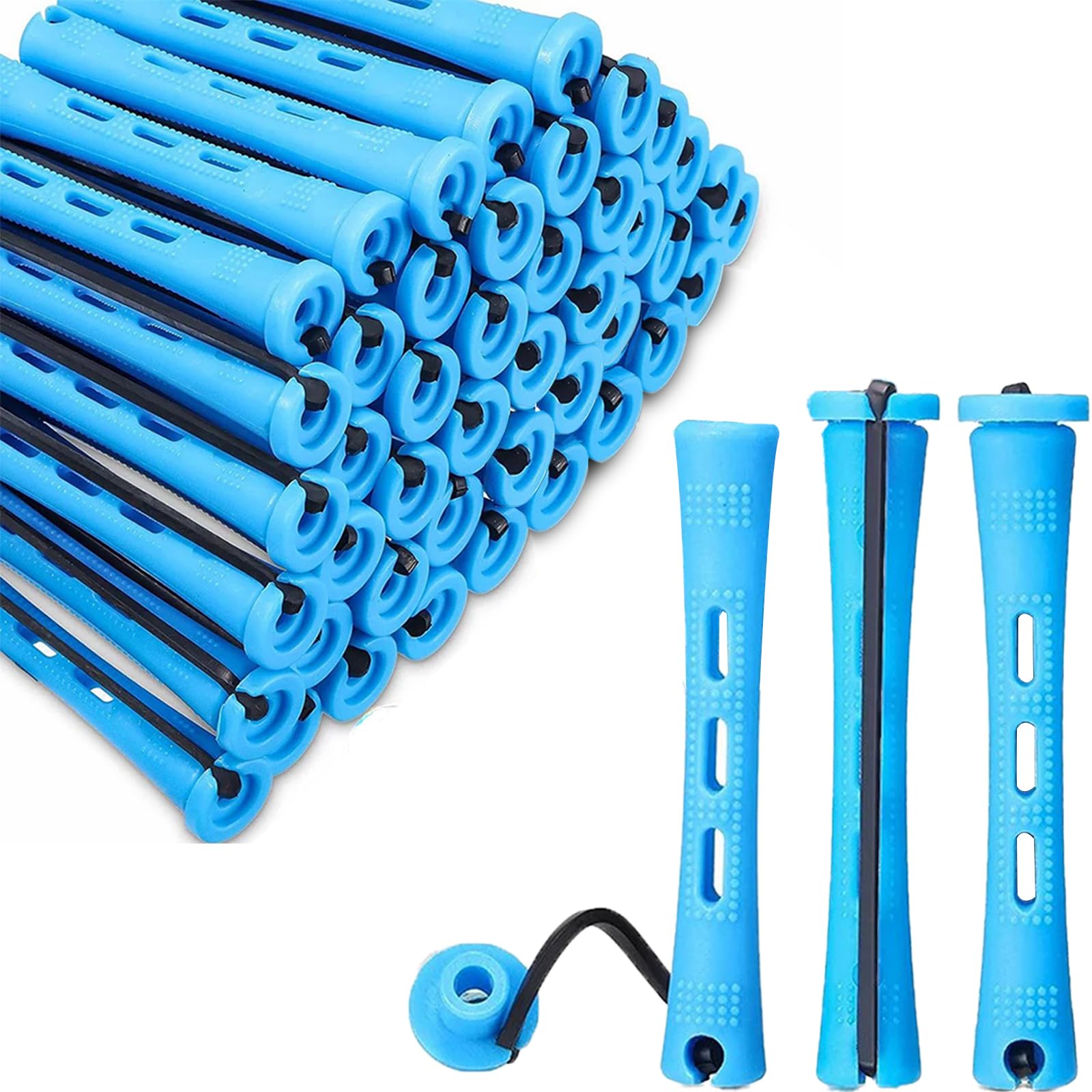60 Small Size Hair Curlers, 0.35 Inch Rollers, Blue Perm Rods, Home Perm Kits for Women & Men, Natural to Long Hair Styling Tool