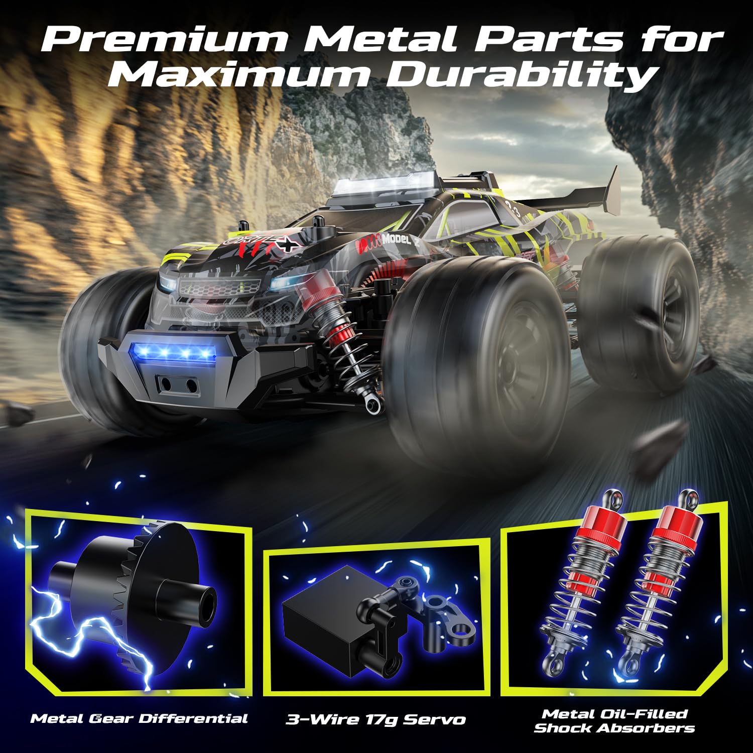 DEERC 1:14 Brushless Ferngesteuertes Auto Erwachsene, 43 MPH 4WD Offroad-Truck mit 7-Farbiger LED, Metall-Stoßdämpfern, 2×7,4V Akkus, All-Metal-Antrieb, 3 Lichtmodi, 3S LiPo-kompatibel. 3