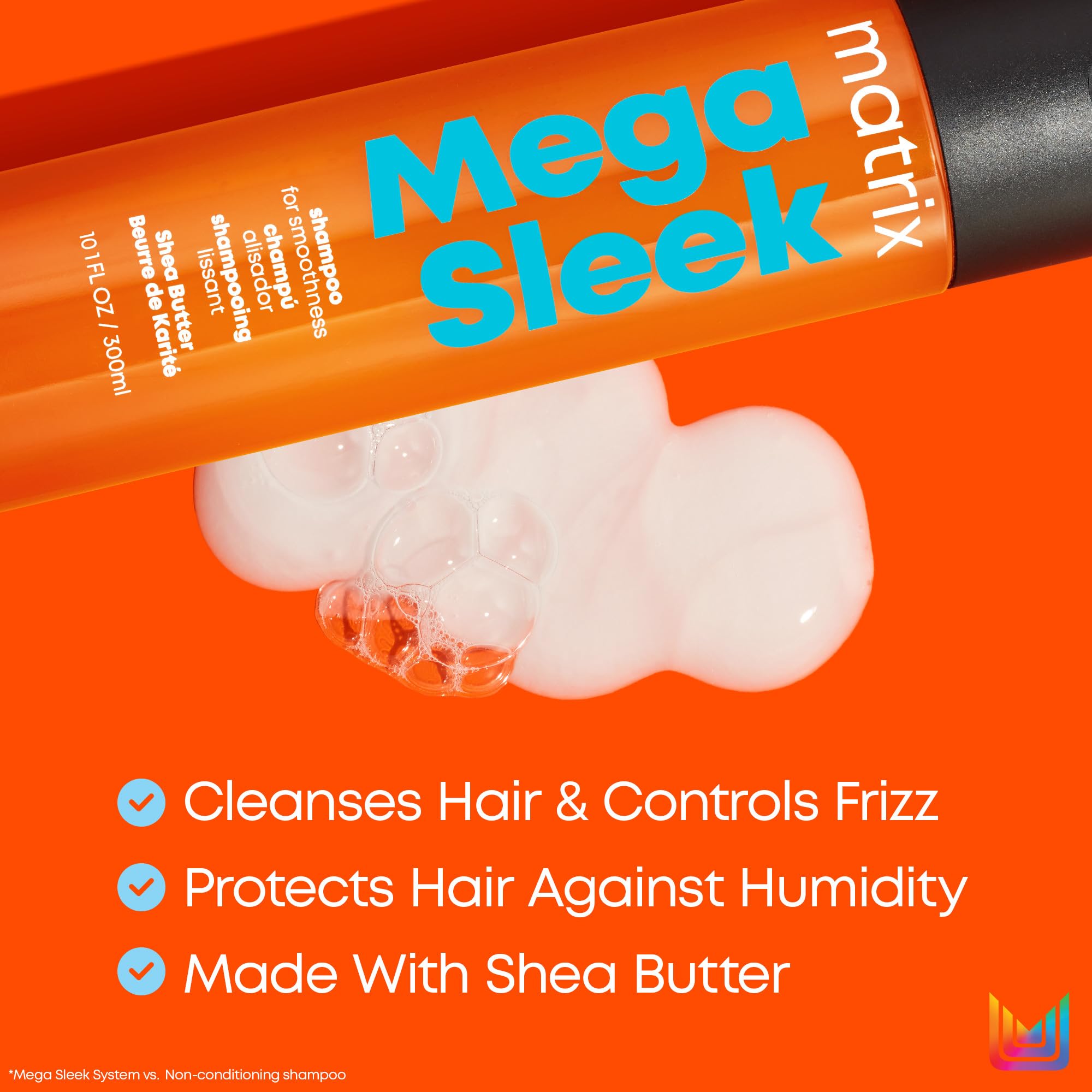 Matrix Mega Sleek Shampoo - Smoothing and Detangling, For Dry, Damaged & Frizzy Hair, Salon Professional Shampoo, With Shea Butter, Vegan