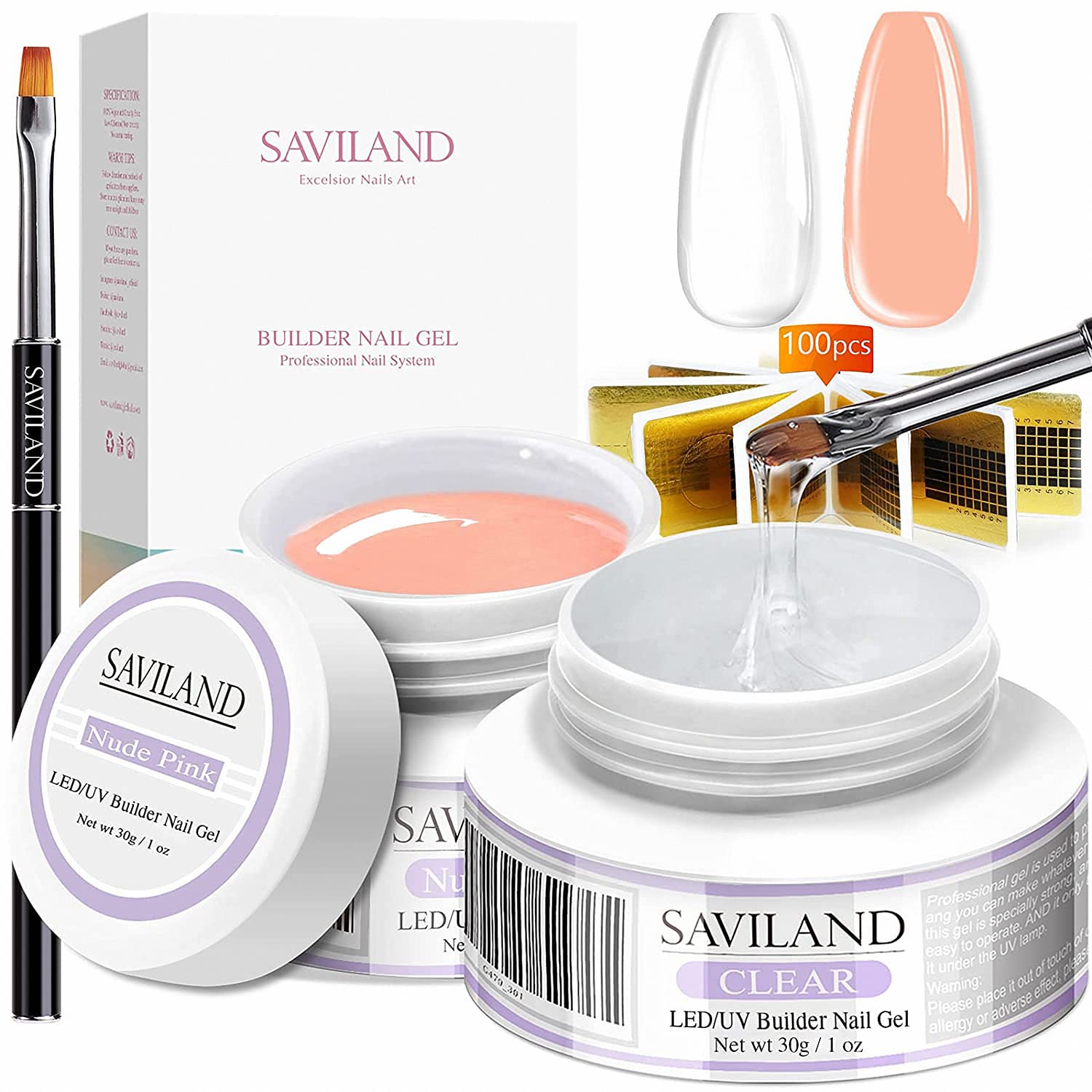 Saviland Builder Gels for Nails, 2pcs*30g Nail Gel Builder Nail Gel Nail Kit Nail Strengthen LED/U V Gel Nudes Clear Hard Gel Nail Art Manicure Set with Nail Forms Nail Brush