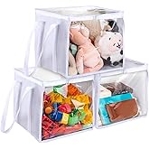 FQDGTFA 3 Pack Toy Storage PVC Boxes Storage Bins with Transparent Lid, Durable Clear Toy Organizer with Handle, Foldable Plastic Bins for Kids Playroom/Clothes/Toys/Blocks/Stuffed Animal Storage
